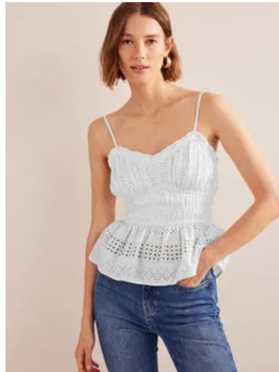 Boden Tops - Boden White Eyelet Cotton Peplum Cami Top Womens 12 Embroidered Lined Boho